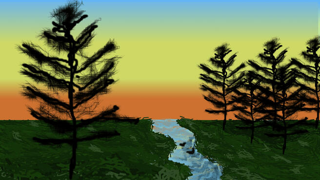 About Me An illustration of black trees surrounding a blue stream at sunset.